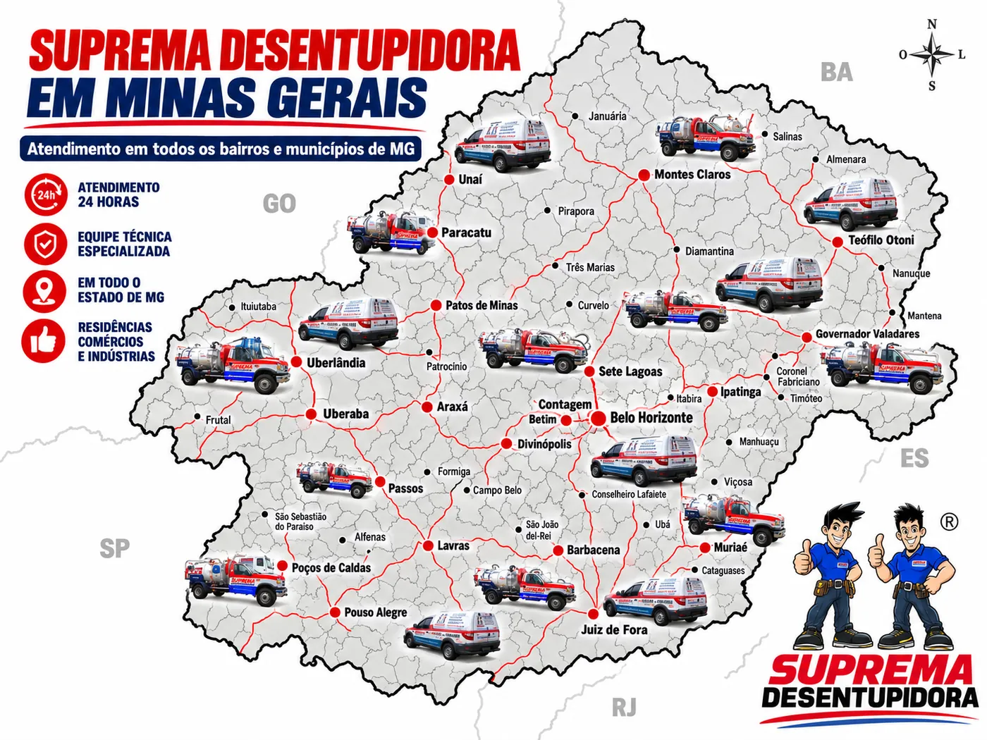Mapa de atendimento da Suprema Desentupidora em Minas Gerais, com cobertura em Belo Horizonte, Uberlândia, Juiz de Fora, Montes Claros, Uberaba, Ipatinga, Governador Valadares, Divinópolis, Sete Lagoas, Poços de Caldas e demais municípios mineiros